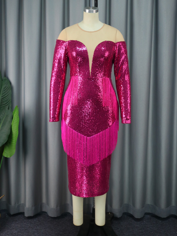 ONTINVA Plus Size Sequin Tassel Dresses Midi Party Mesh Patchwork