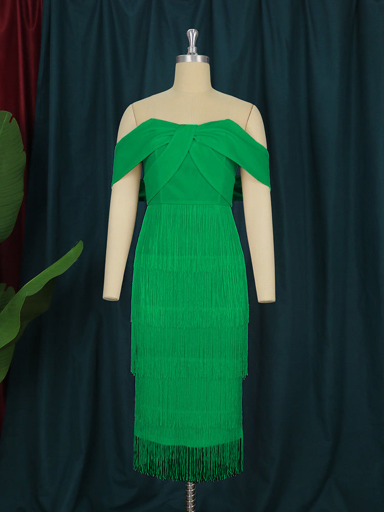 ONTINVA Green Tassel Dress Women Bodycon Off Shoulder Fringe Backless Midi Big Size 4XL Birthday Party Club Date Night Event Robes