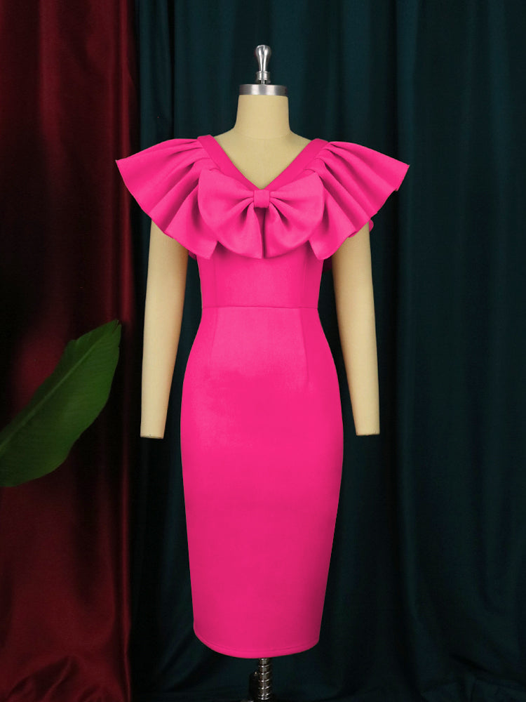 ONTINVA Sheath Dress Women Ruffle Bow V Neck Slim Elegant Summer Celebrate Midi Birthday Cocktail Event Prom Party Gowns African
