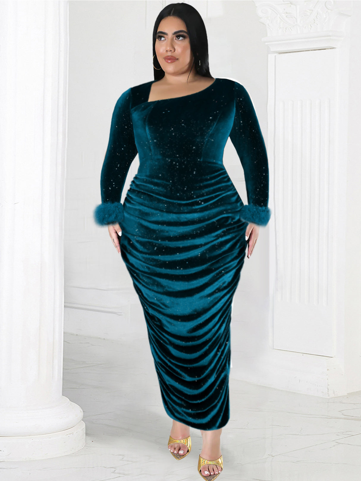 ONTINVA Women Velvet Dress Shiny Sequined Long Sleeves with Feather Autumn Female Christmas Celebrate Formal Birthday Prom Event Gowns