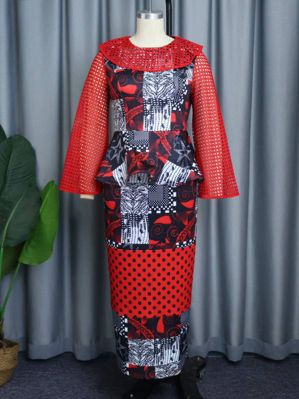 ONTINVA Plus Size Women Printed Hollow Out Maxi Dress