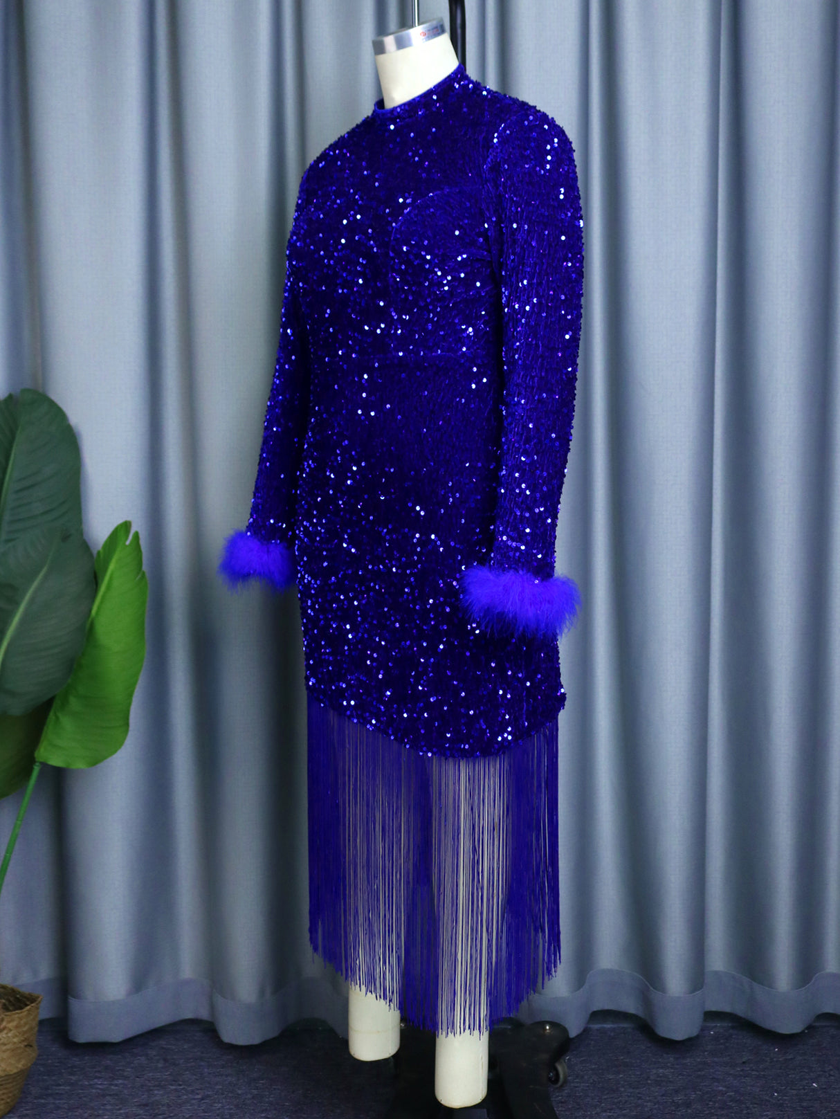 ONTINVA Women Dress Velvet Shiny Glitter Sequin Long Sleeve Feather Tassel Autumn Package Hip Celebrate Occasion Birthday African Gown