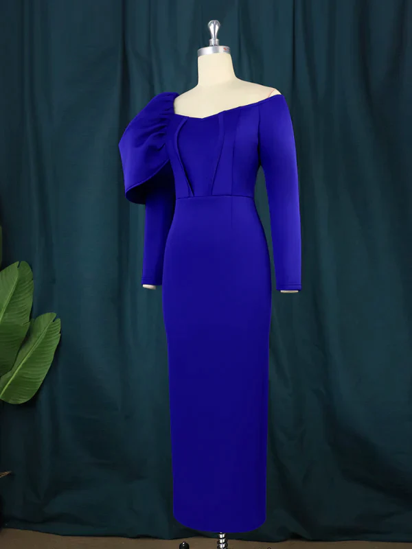 ONTINVA Off Shoulder Long Sleeve Blue Maxi Bodycon Dresses