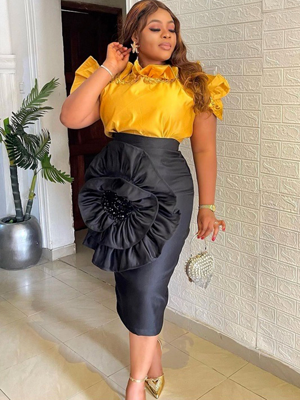 ONTINVA Elegant 2 Piece Set Women Ruffle Blouse Tops Luxury Shiny Applique skirt Summer Chic Party Wear Large Size Golden Yellow