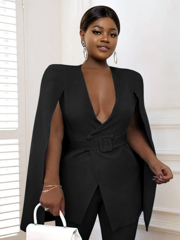 ONTINVA Women Black Blazers V Neck Cloak Sleeve with Waist Belt