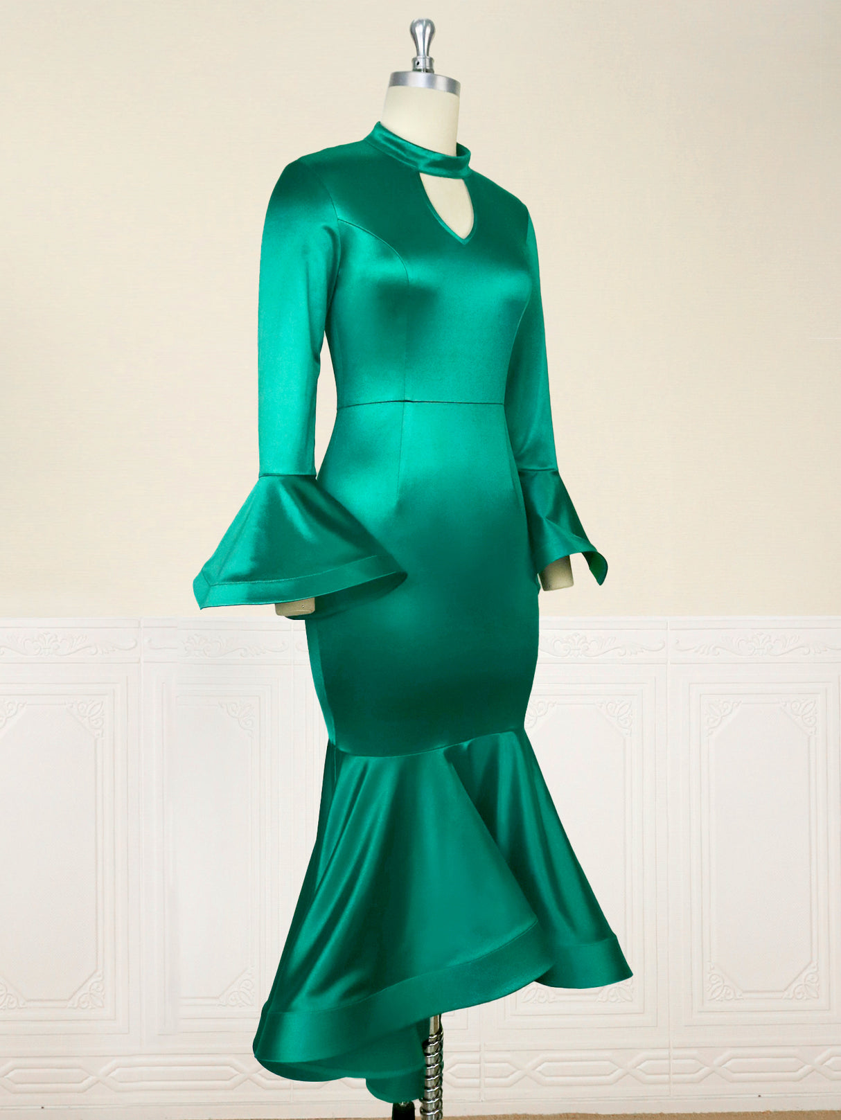 Green Satin Dresses V Neck Cut Out Long Flare Sleeve Boydcon Irregular Ruffles Mermaid Evening Cocktail Party Outfits for Women