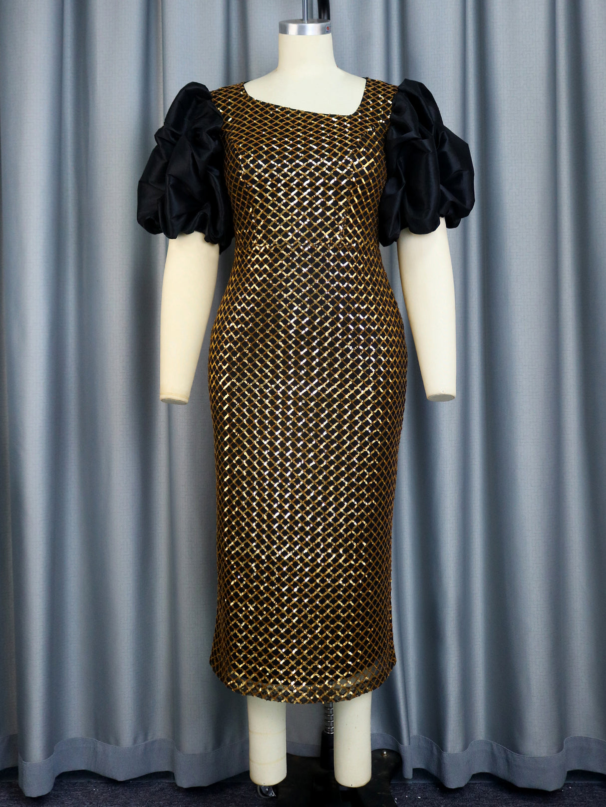 ONTINVA Plaid Glitter Sequin Dress Midi Party Skew Collar