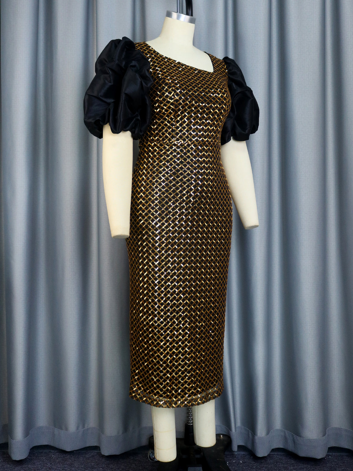 ONTINVA Plaid Glitter Sequin Dress Midi Party Skew Collar