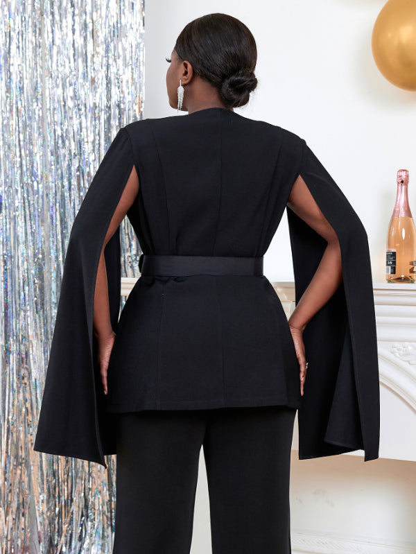 ONTINVA Women Black Blazers V Neck Cloak Sleeve with Waist Belt