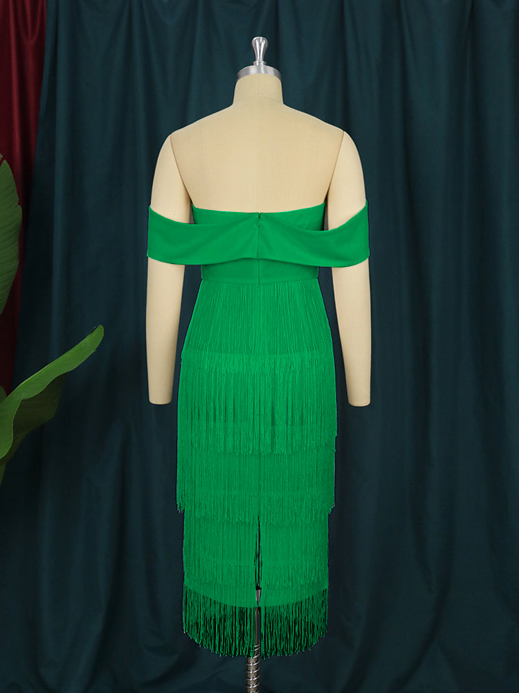 ONTINVA Green Tassel Dress Women Bodycon Off Shoulder Fringe Backless Midi Big Size 4XL Birthday Party Club Date Night Event Robes