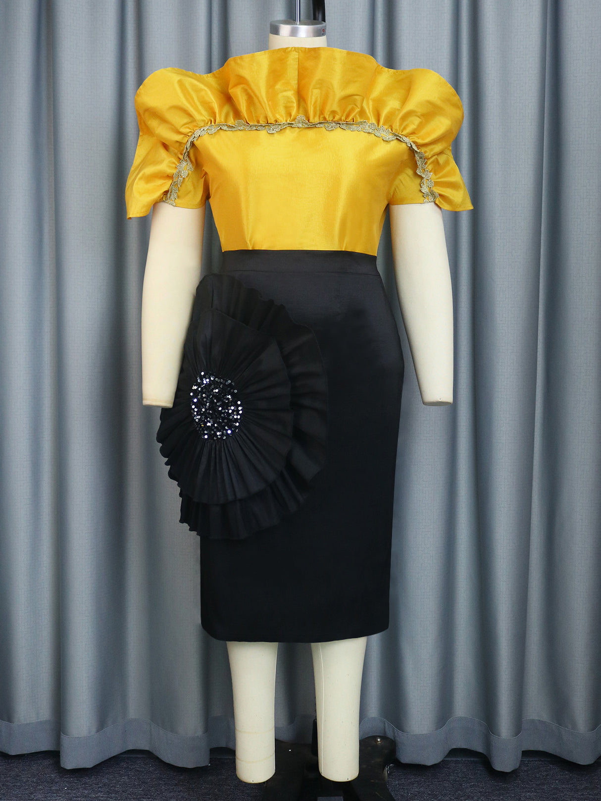 ONTINVA Elegant 2 Piece Set Women Ruffle Blouse Tops Luxury Shiny Applique skirt Summer Chic Party Wear Large Size Golden Yellow