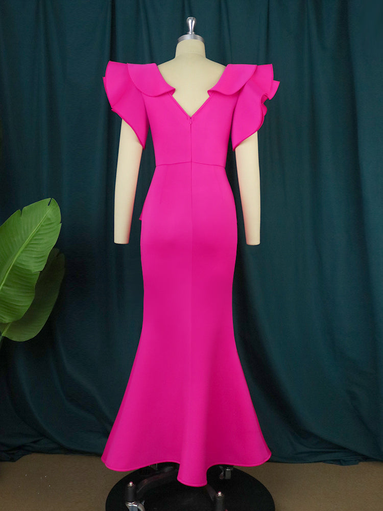 ONTINVA Women Party Long Dresses Maxi V Neck Peplum Ruffle Mermaid Short Sleeve Christmas Large Size African Event Celebrate Gown