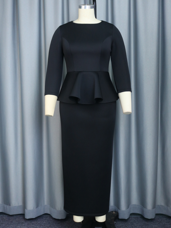 ONTINVA Maxi Dress Long Sleeve Peplum New in Black Long Bodycon Dress Formal
