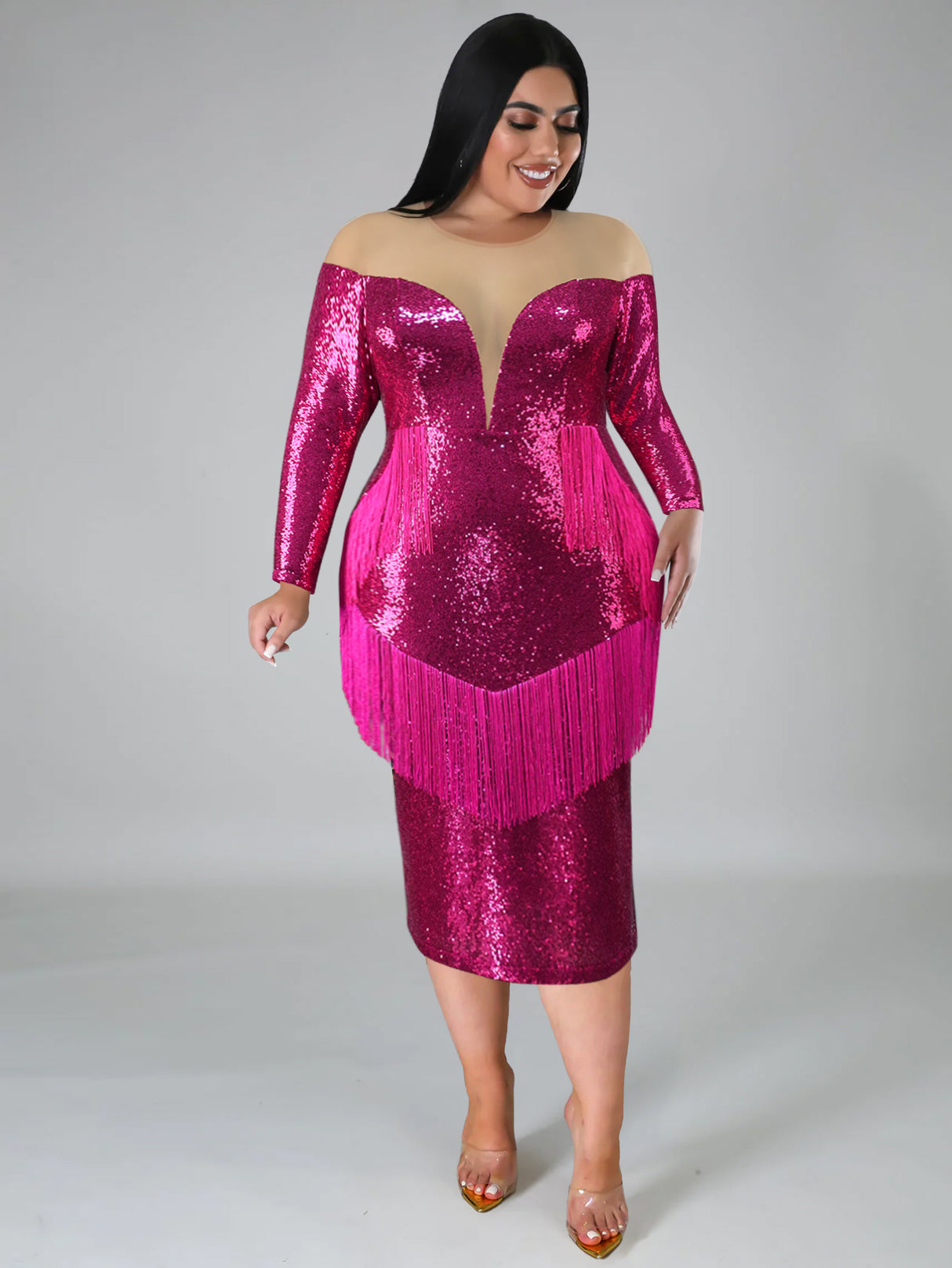 ONTINVA Plus Size Sequin Tassel Dresses Midi Party Mesh Patchwork