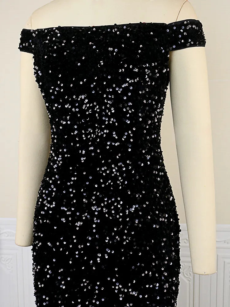 ONTINVA Black Luxury Off The Shoulder Sequins Dresses