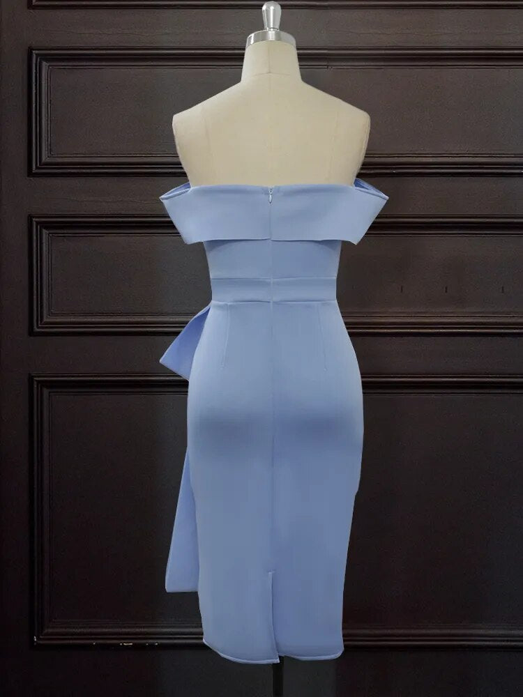 ONTINVA Blue Tube Top Off Shoulder Ruffles Dress Women