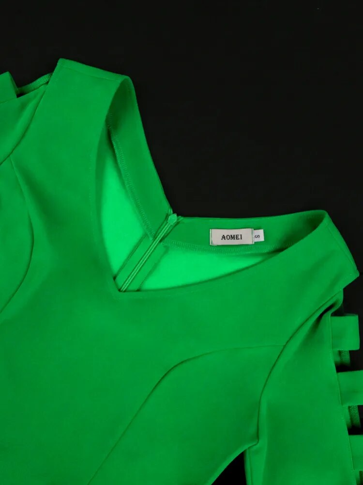 ONTINVA Green Bodycon V Neck Hollow Out Long Sleeve Dress