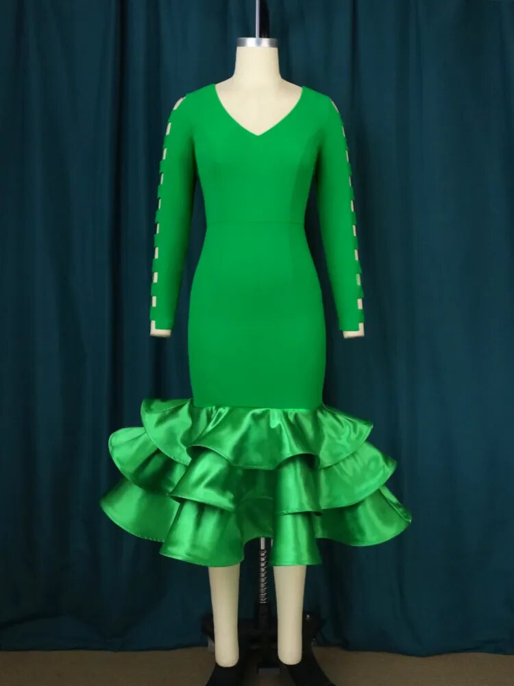 ONTINVA Green Bodycon V Neck Hollow Out Long Sleeve Dress