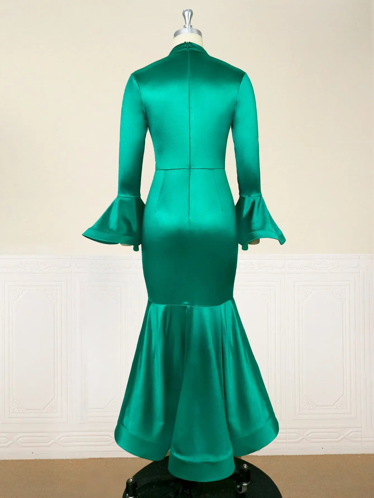 ONTINVA Green Satin Cut Out Flare Sleeve Dresses