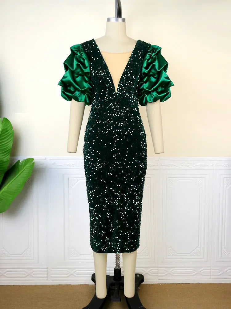 ONTINVA Luxury Sequins V Neck Tulle Patchwork Puff Sleeve Dress