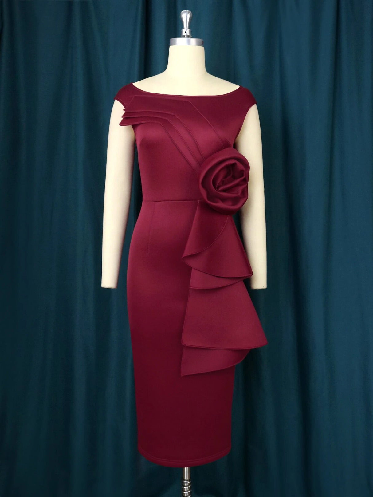 ONTINVA Burgundy O Neck Sleeveless Bodycom Flower Dress