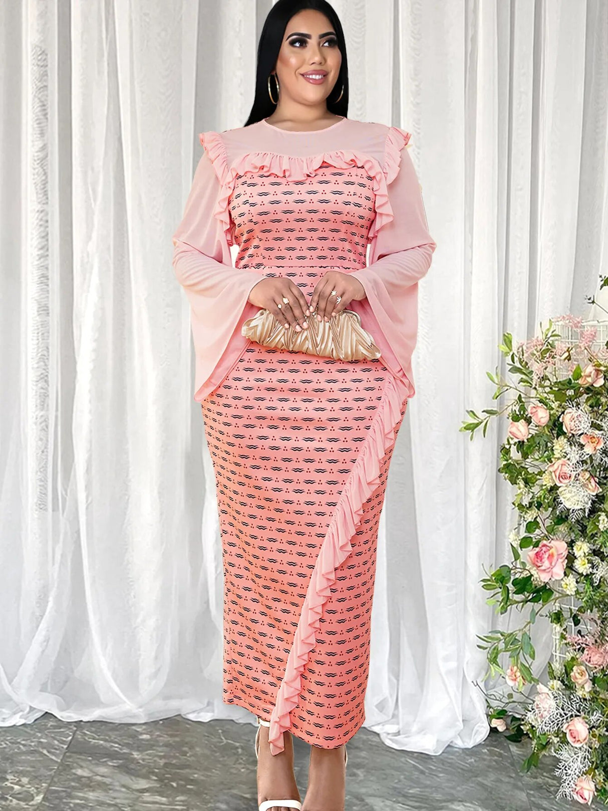 ONTINVA Pink Long Sleeve Ruffles Printed Long Dresses