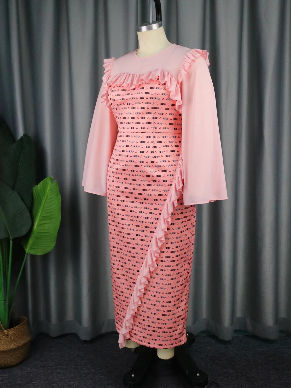 ONTINVA Pink Long Sleeve Ruffles Printed Long Dresses