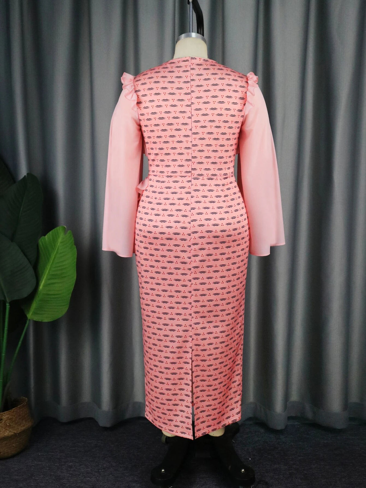 ONTINVA Pink Long Sleeve Ruffles Printed Long Dresses