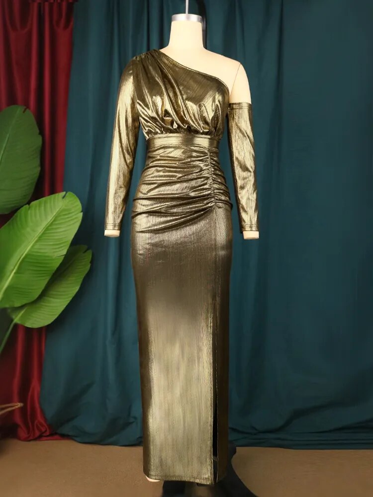 ONTINVA Curvy Cold Shoulder Gold Long Prom Dresses
