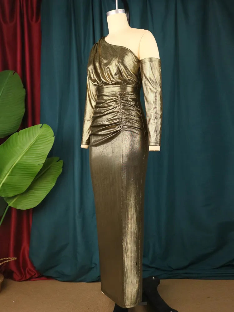 ONTINVA Curvy Cold Shoulder Gold Long Prom Dresses
