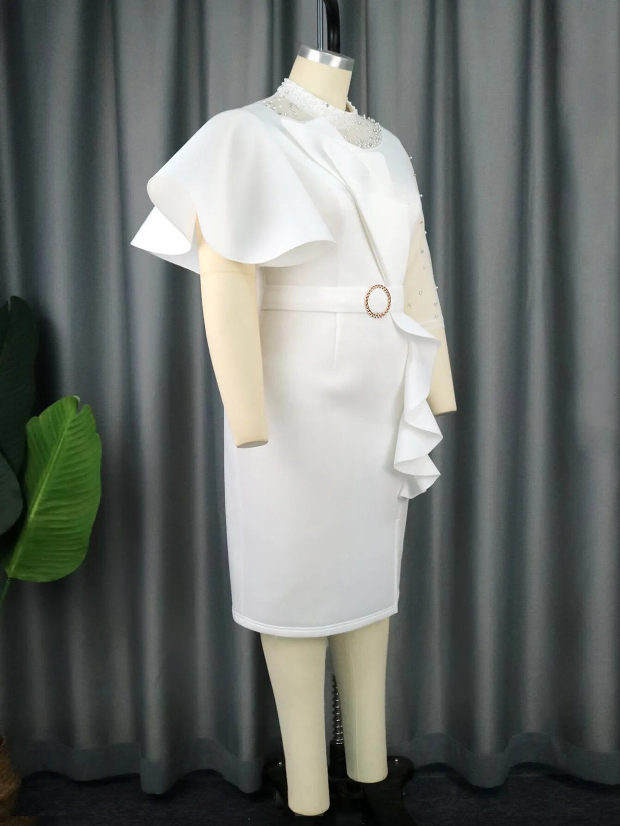 ONTINVA White Beading Patchwork Peplum Bodycon Dress