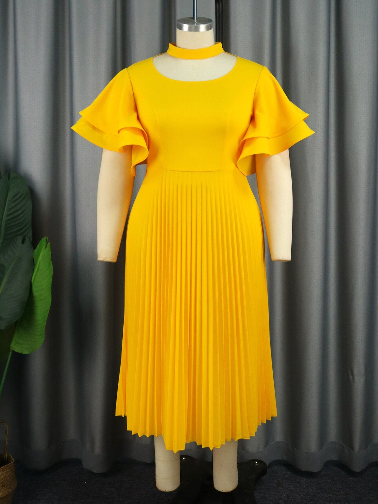 ONTINVA Pleated Dress O Neck Helter Flare Sleeve A Line Midi
