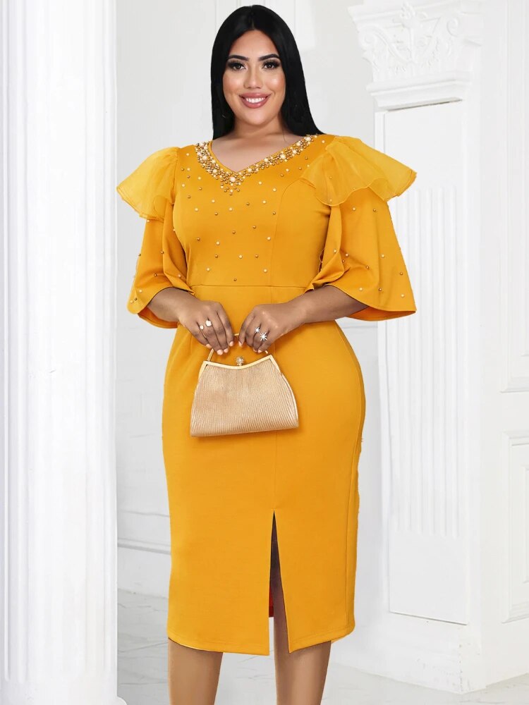 Yellow Bodycon Dresses for Women V Neck Beading Half Sleeve High Wiast Elegant Evening Birthday Event Midi Outfits Summer 2023