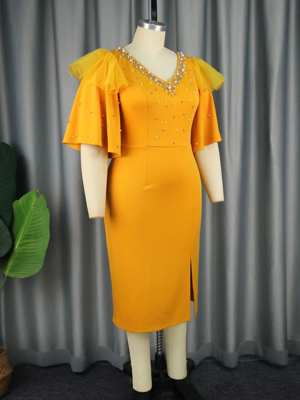 Yellow Bodycon Dresses for Women V Neck Beading Half Sleeve High Wiast Elegant Evening Birthday Event Midi Outfits Summer 2023