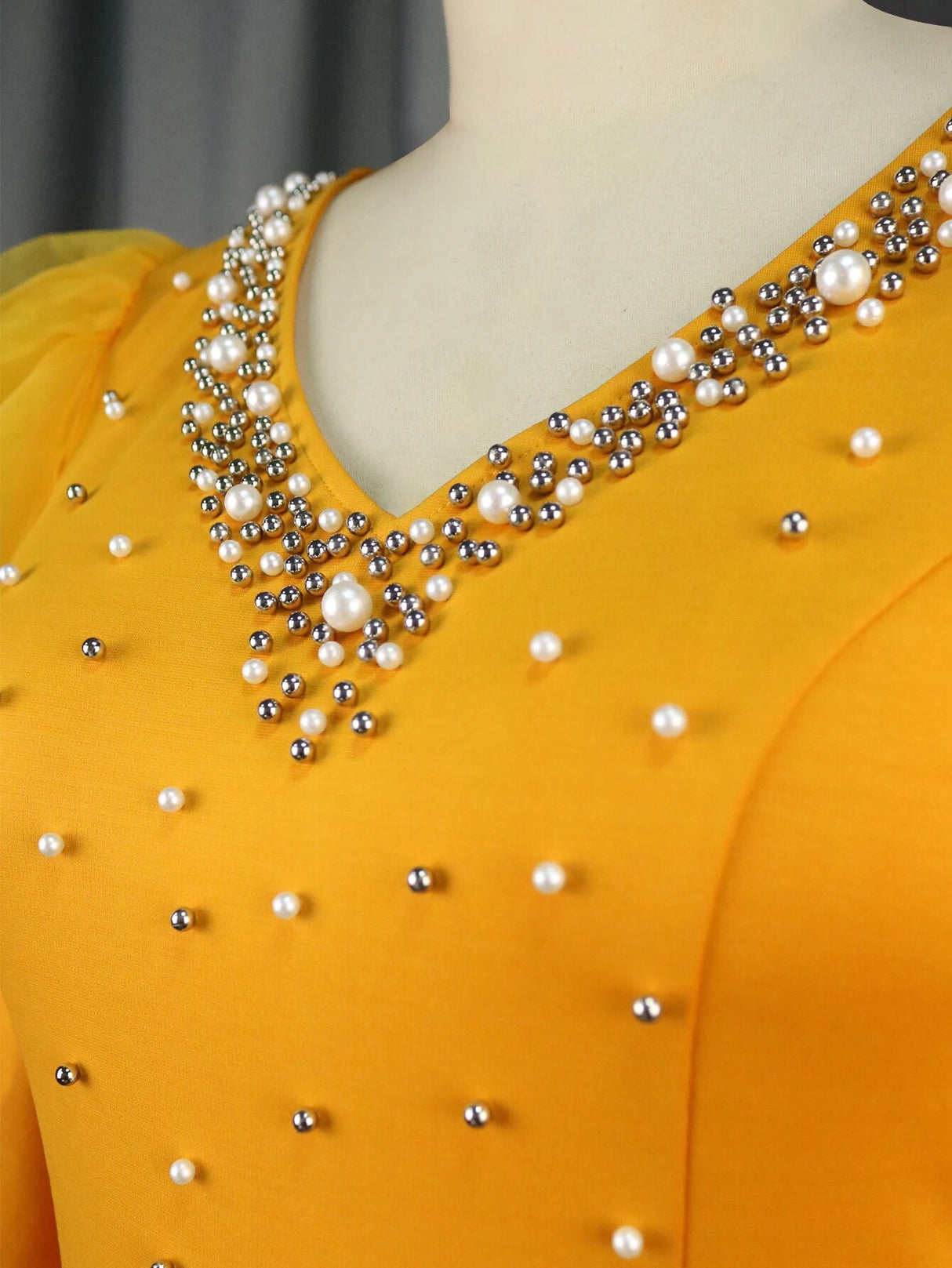 Yellow Bodycon Dresses for Women V Neck Beading Half Sleeve High Wiast Elegant Evening Birthday Event Midi Outfits Summer 2023