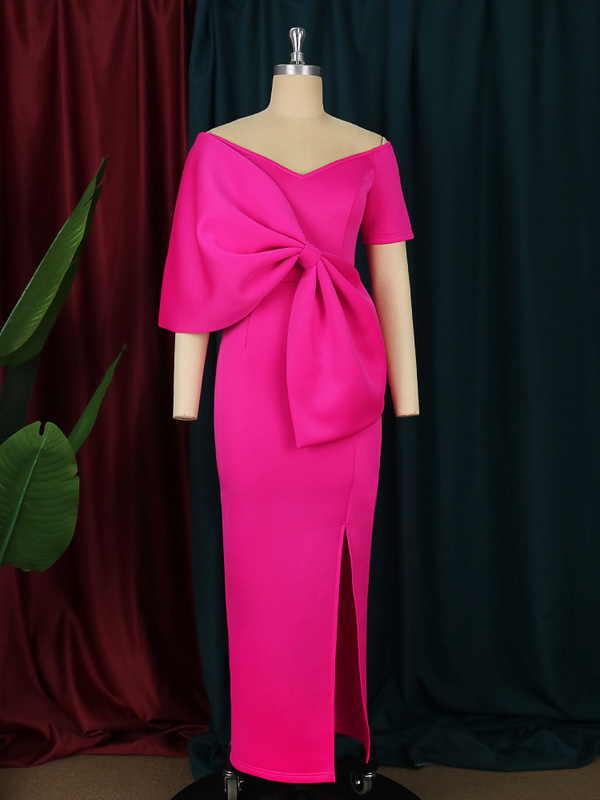 ONTINVA Rose V Neck Big Bow Slit Long Party Dress
