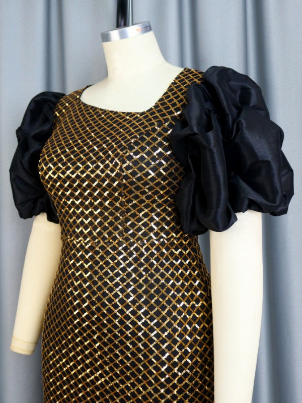 ONTINVA Plaid Glitter Sequin Dress Midi Party Skew Collar