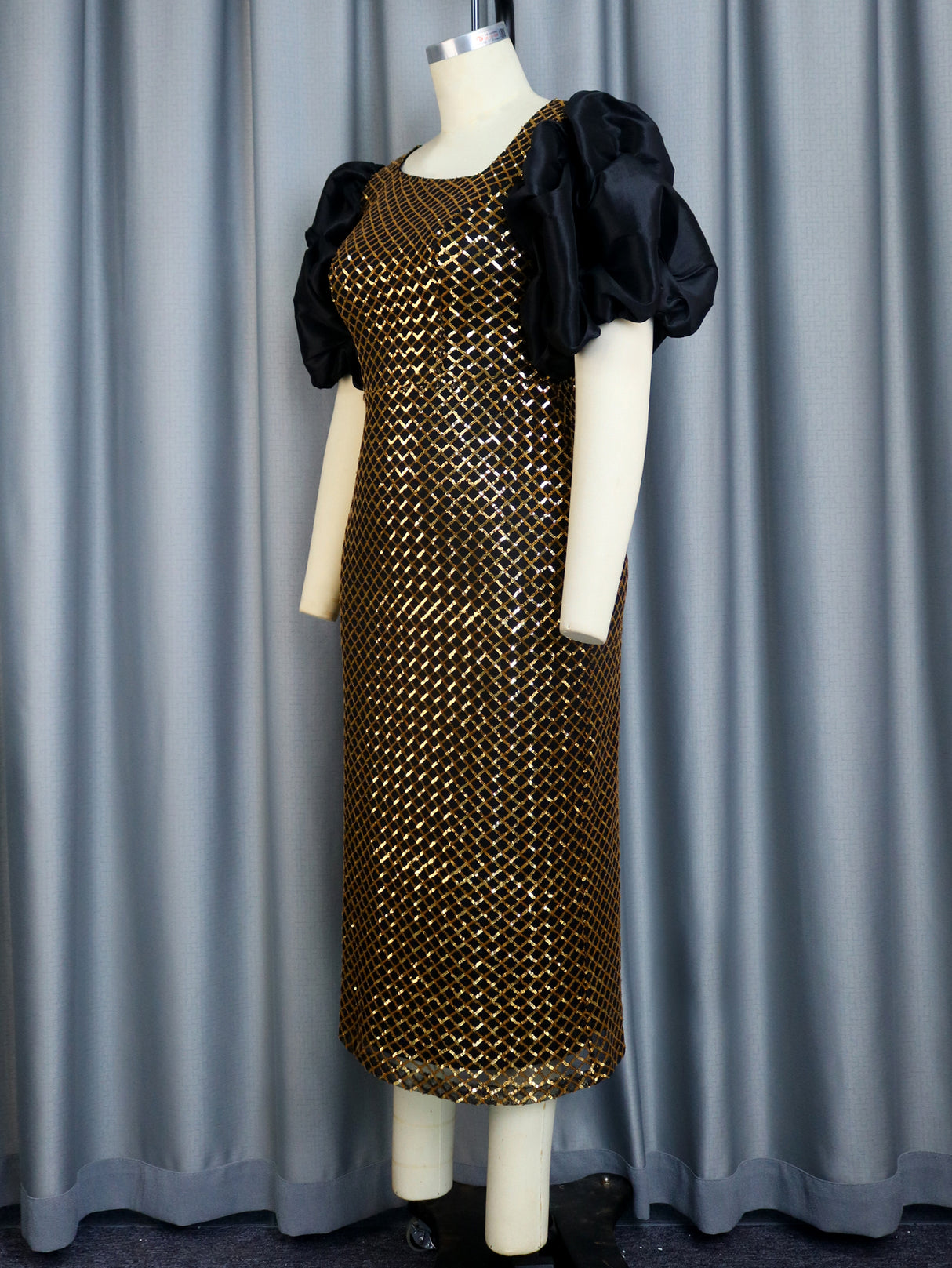 ONTINVA Plaid Glitter Sequin Dress Midi Party Skew Collar