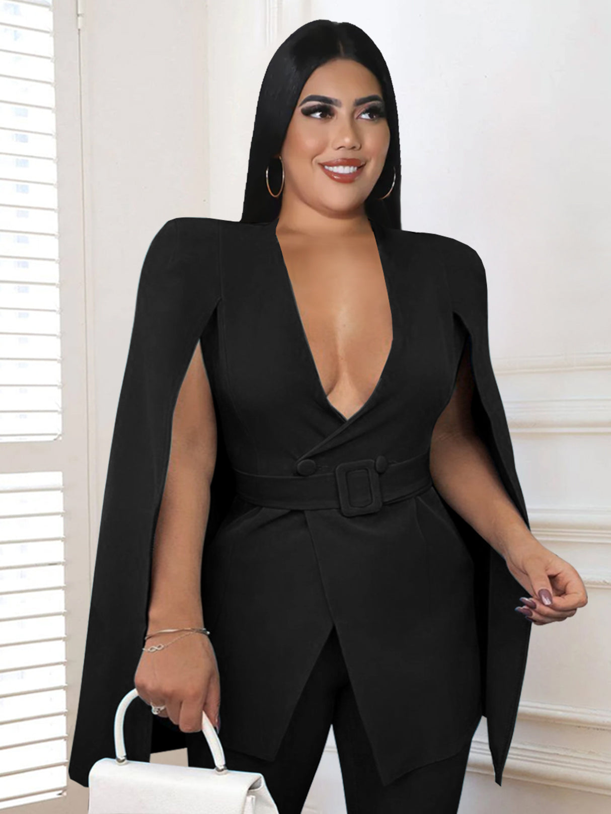 ONTINVA Women Black Blazers V Neck Cloak Sleeve with Waist Belt