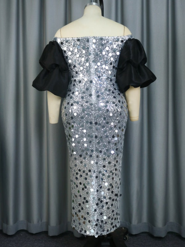 ONTINVA Bare Shoulder Silver Sequin Dress Maxi Patchwork Short Sleeves