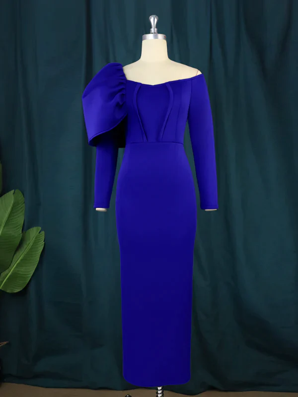 ONTINVA Off Shoulder Long Sleeve Blue Maxi Bodycon Dresses