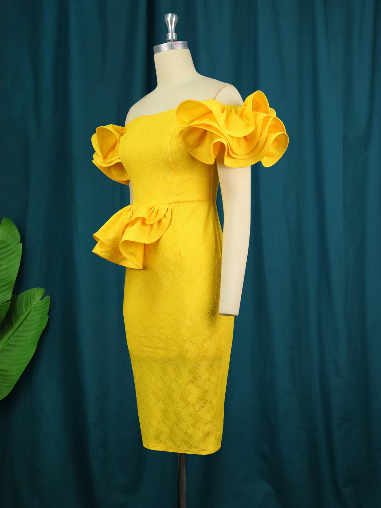 ONTINVA Yellow Off Shoulder Ruflle Lace Dresses Midi