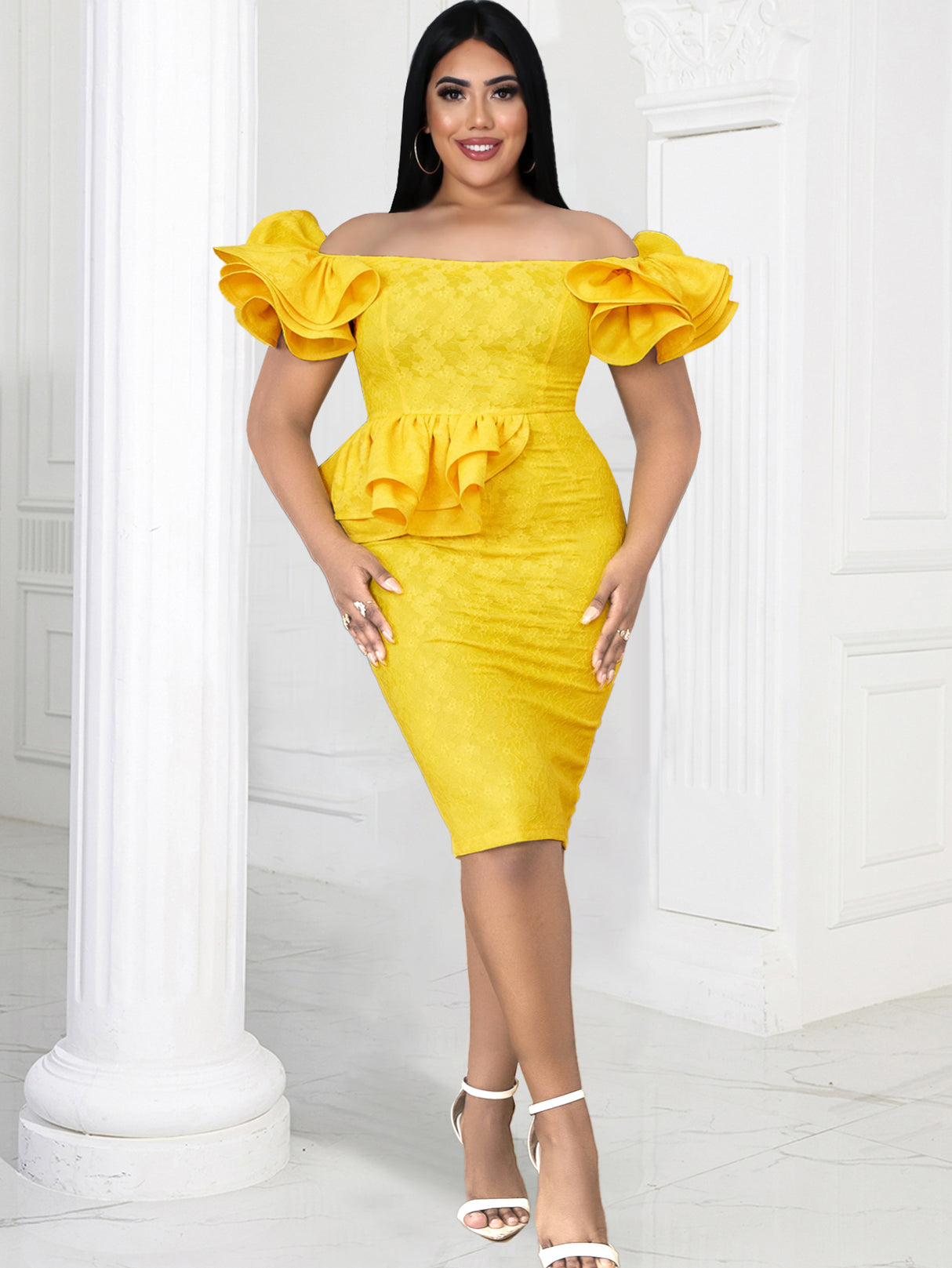 ONTINVA Yellow Off Shoulder Ruflle Lace Dresses Midi