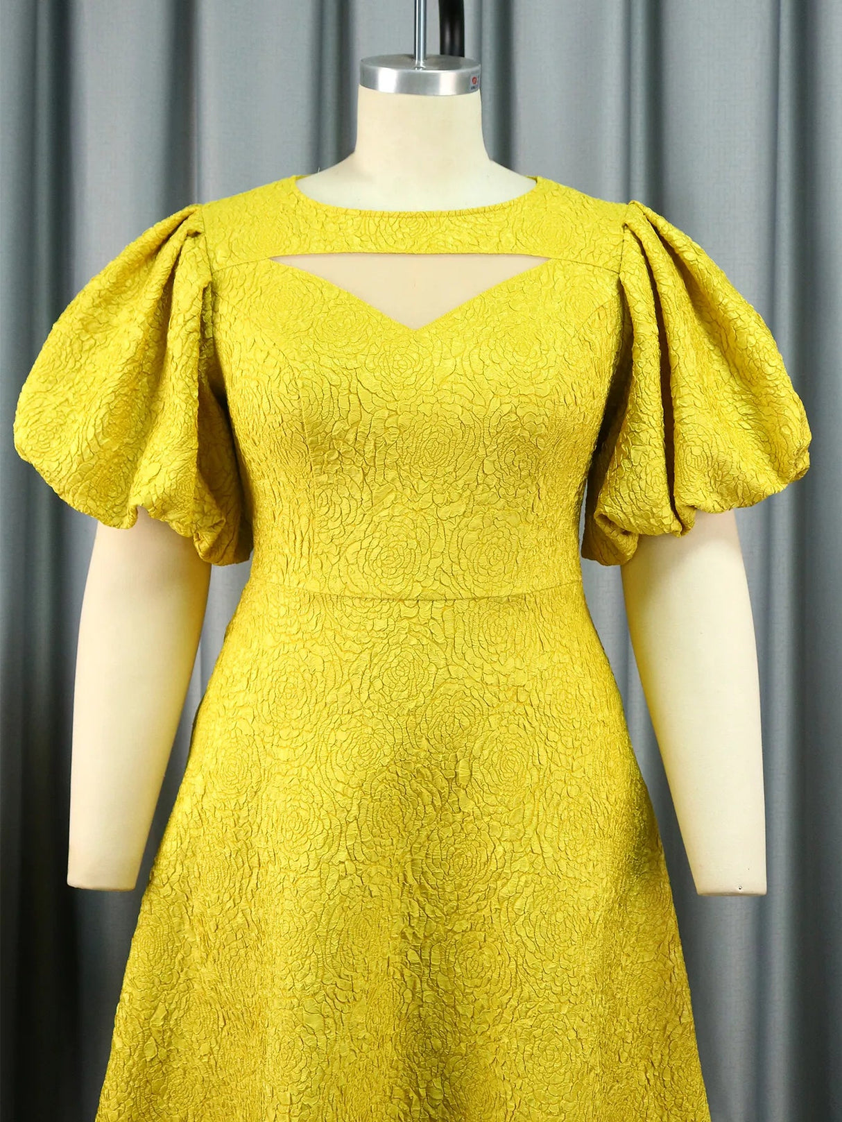 ONTINVA Jacquard Puff Sleeve Cut Out See Through A Line Dresses