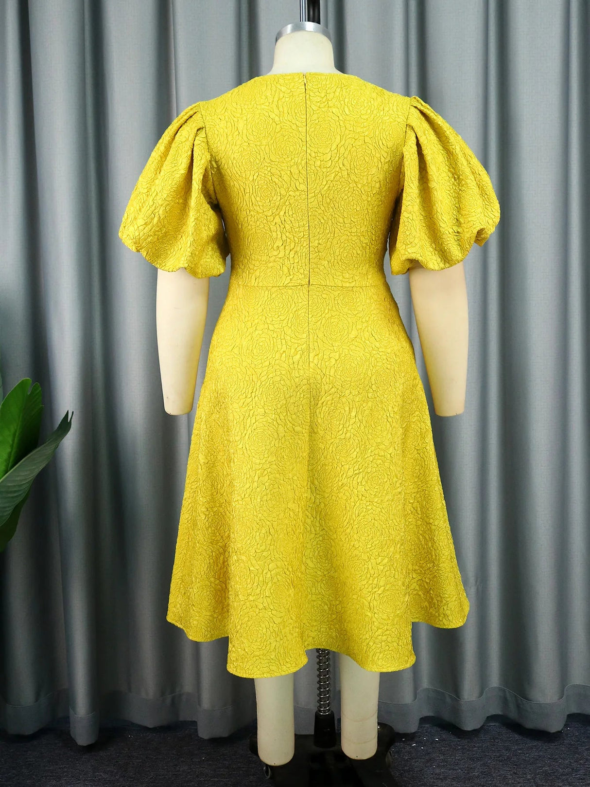 ONTINVA Jacquard Puff Sleeve Cut Out See Through A Line Dresses