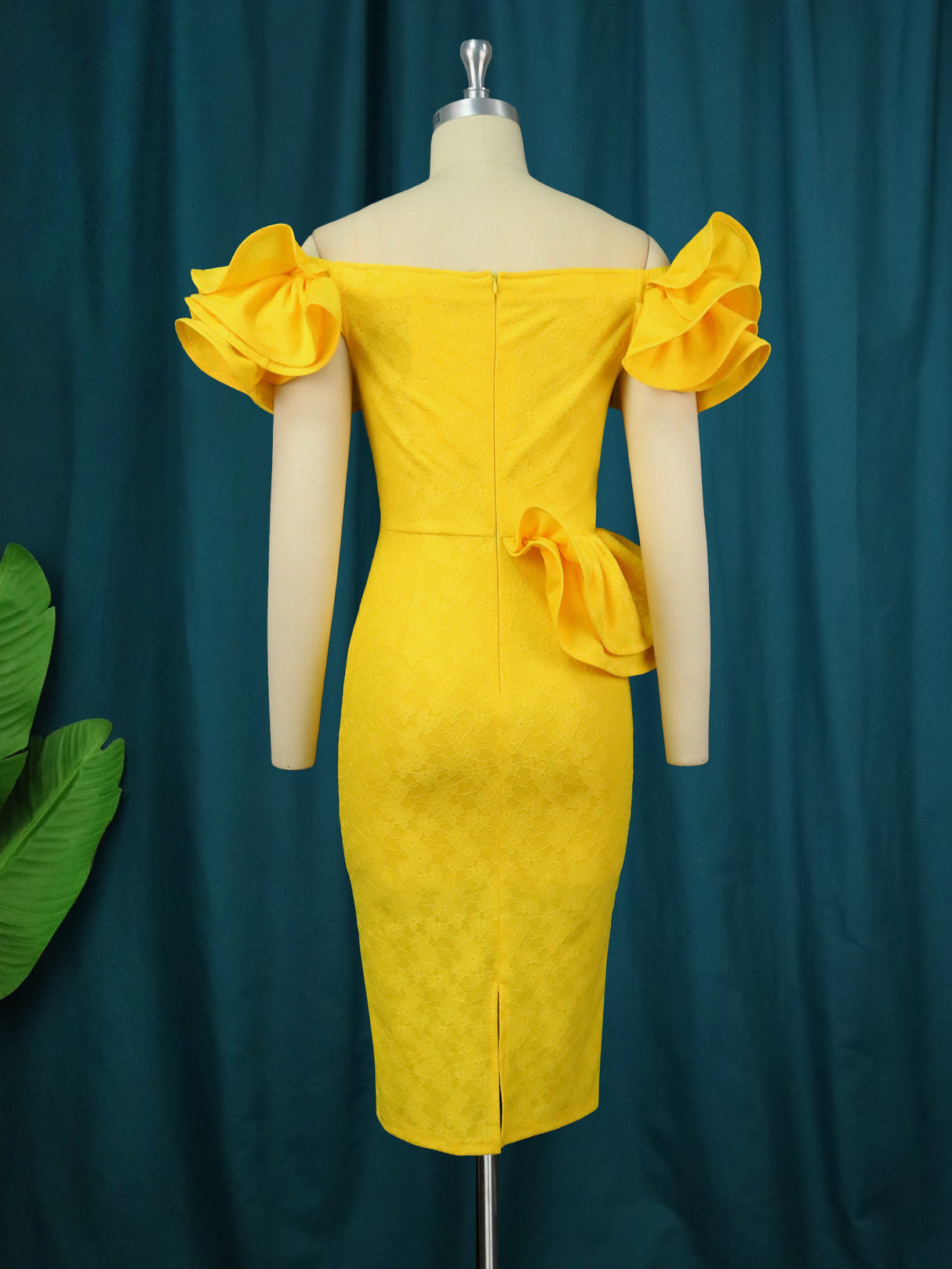 ONTINVA Yellow Off Shoulder Ruflle Lace Dresses Midi