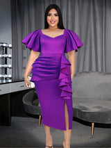 ONTINVA Purple Bodycon Short Ruffles Sleeve Pleated Dresses