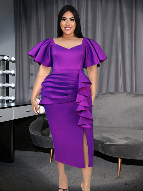 ONTINVA Purple Bodycon Short Ruffles Sleeve Pleated Dresses