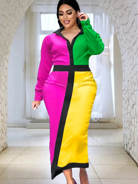 ONTINVA Fuchsia Patchwork Long Sleeve Evening Dresses