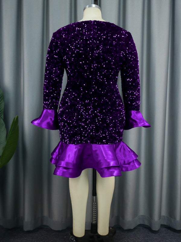 ONTINVA Sequins Velvet Mermaid Dress Midi Long Flare Sleeve Patchwork